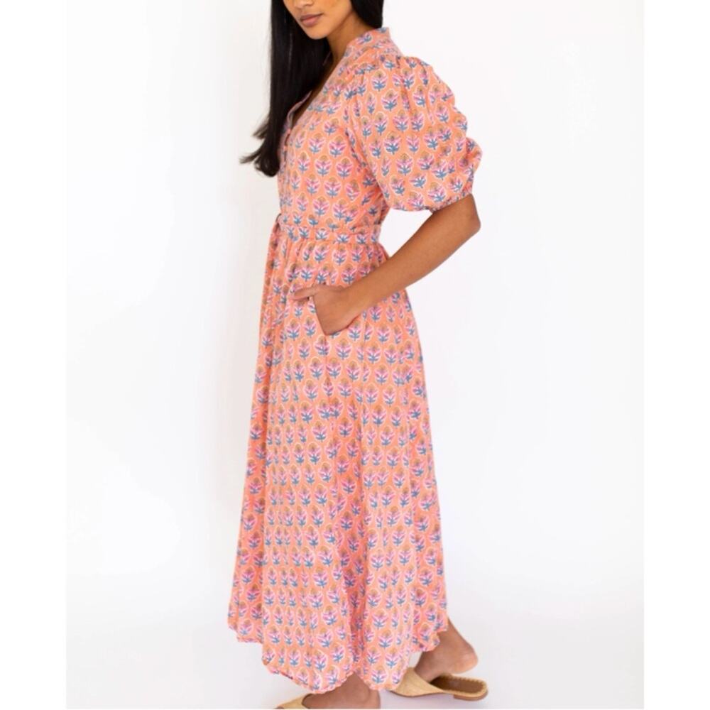 Marea Colette Coral Multi Floral Short Puff Sleeves Cottagecore Midi Dress Large - Picture 2 of 12